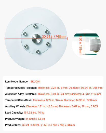 VEVOR 30 in Glass Lazy Susan Turntable, Tempered Glass Dining Table Centerpiece with 6 Rotating Wheels, 360° Smooth and Silent Spin Tabletop Rotating Tray, for Family Gatherings, Banquets & Weddings - CZZP30YCBLTMNYA7MV0 - view 8