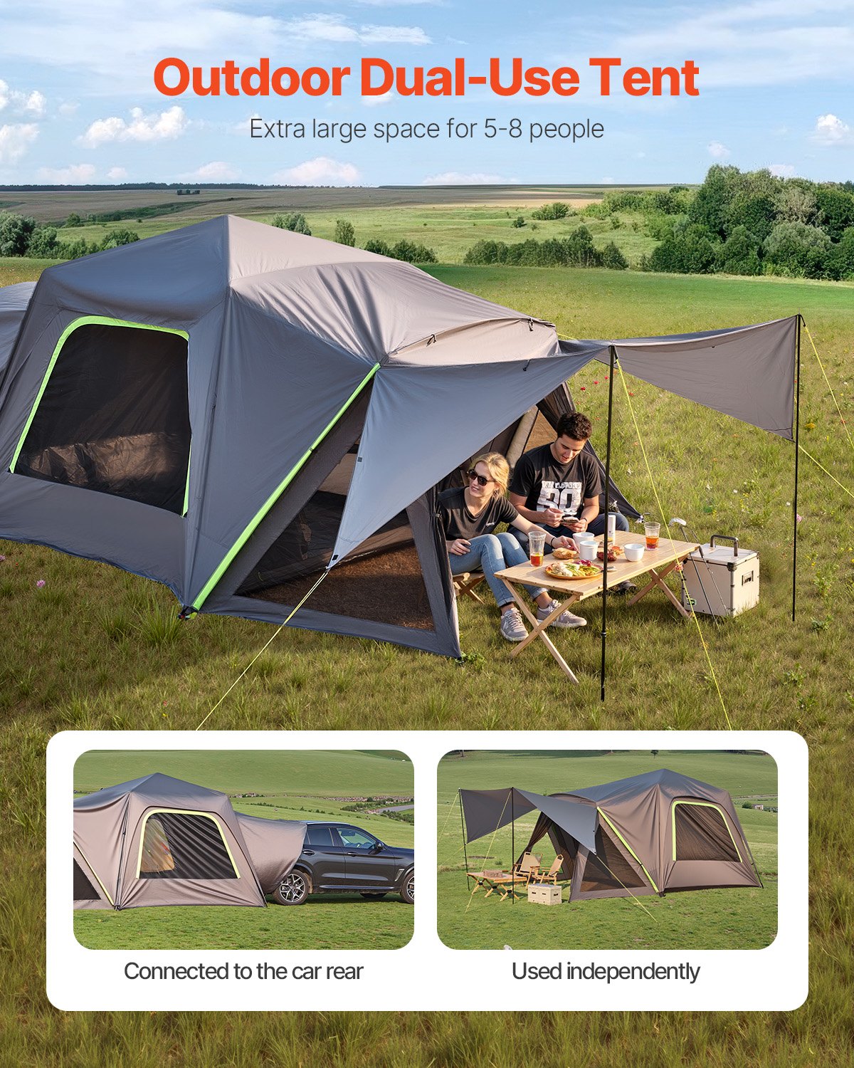 VEVOR SUV Tent for Camping, 10FT L x 10FT W, Waterproof PU2000mm Spacious Double Layer Design for 5-8 Person, SUV Camping Tent with Shade Awning and Mesh Windows, Includes Rainfly and Storage Bag - CZZPCHK1010F0ER65V0 - view 3
