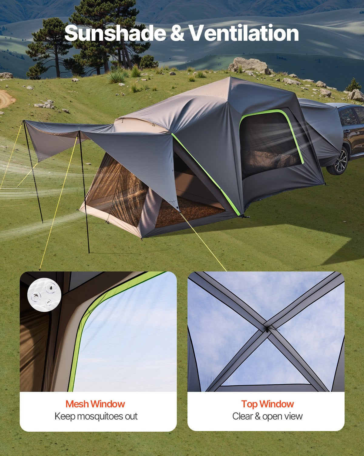 VEVOR SUV Tent for Camping, 10FT L x 10FT W, Waterproof PU2000mm Spacious Double Layer Design for 5-8 Person, SUV Camping Tent with Shade Awning and Mesh Windows, Includes Rainfly and Storage Bag - CZZPCHK1010F0ER65V0 - view 7
