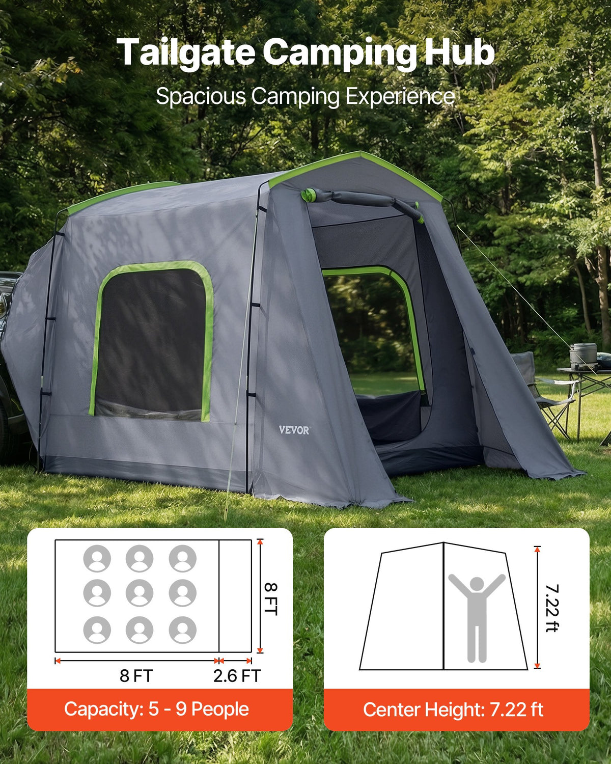 VEVOR Large SUV Tent for 5–9 Person, 10.6 x 8 FT All-Season SUV Tailgate Tent with Ventilated Door & Mesh Windows, PU3000mm Waterproof Dual-Use Car Rear Hatch Tents for Outdoor Camping Hiking - CZZPCHK1068FB74OI001V0 - view 3