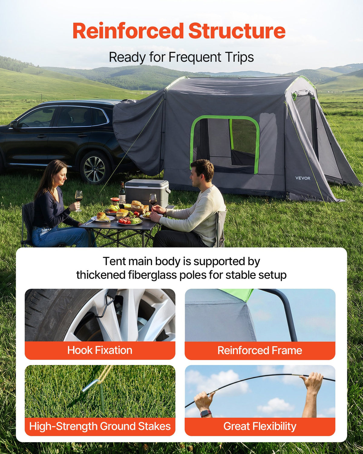 VEVOR Large SUV Tent for 5–9 Person, 10.6 x 8 FT All-Season SUV Tailgate Tent with Ventilated Door & Mesh Windows, PU3000mm Waterproof Dual-Use Car Rear Hatch Tents for Outdoor Camping Hiking - CZZPCHK1068FB74OI001V0 - view 4