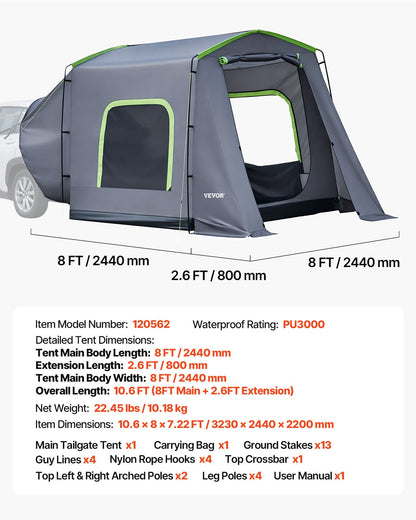 VEVOR Large SUV Tent for 5–9 Person, 10.6 x 8 FT All-Season SUV Tailgate Tent with Ventilated Door & Mesh Windows, PU3000mm Waterproof Dual-Use Car Rear Hatch Tents for Outdoor Camping Hiking - CZZPCHK1068FB74OI001V0 - view 8