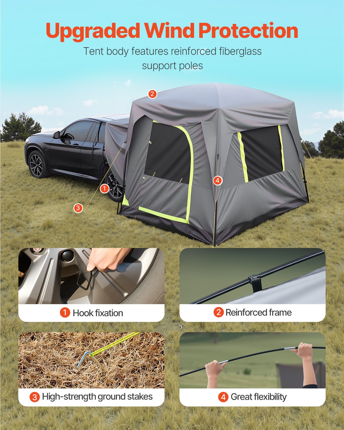 VEVOR SUV Tent for Camping, 10FT L x 8FT W, Waterproof PU2000mm Spacious Double Layer Design for 5-8 Person, SUV Camping Tent with Mesh Windows, Includes Rainfly & Storage Bag, for Outdoor Activities - CZZPCHK108FTS8UF8V0 - view 5