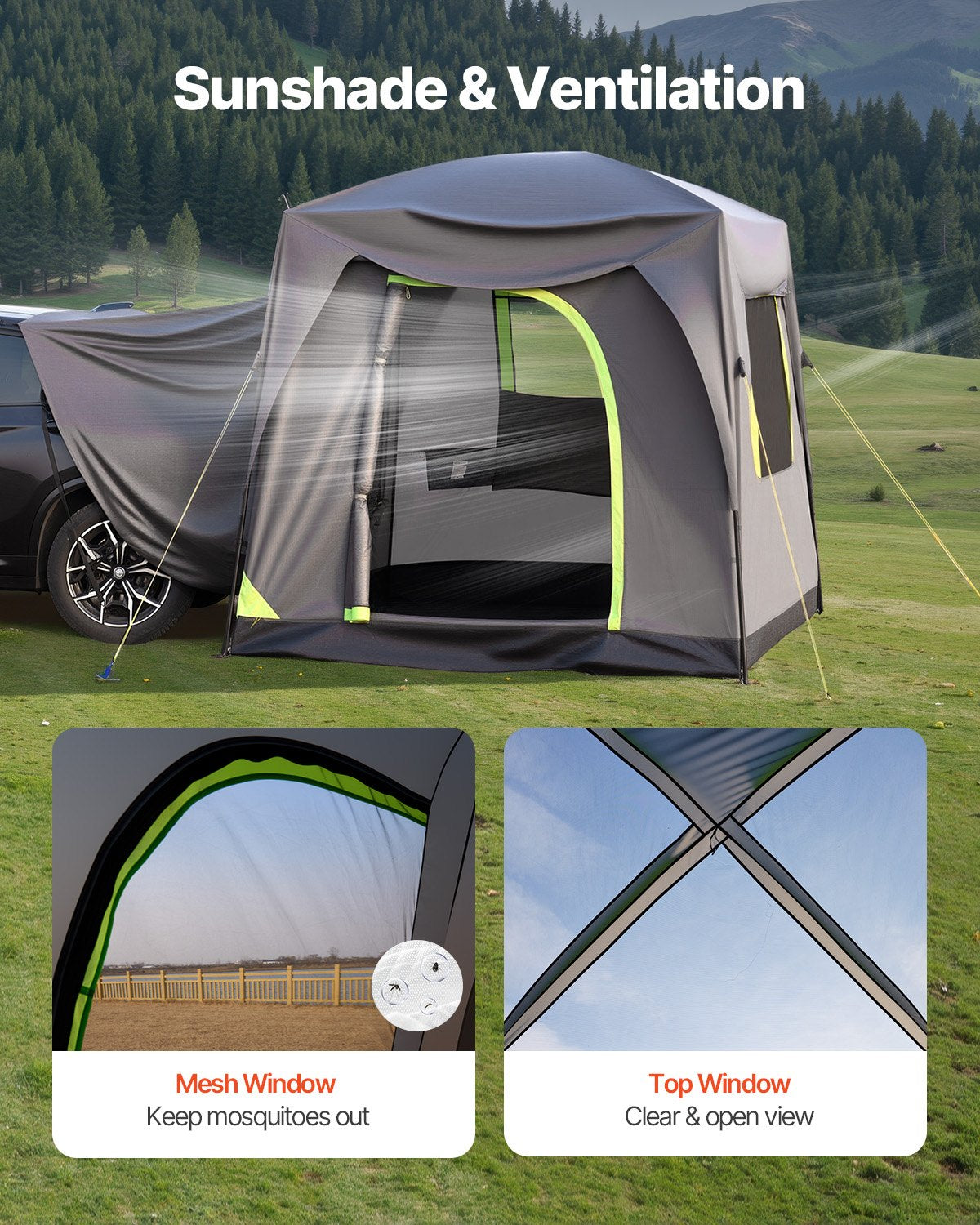 VEVOR SUV Tent for Camping, 10FT L x 8FT W, Waterproof PU2000mm Spacious Double Layer Design for 5-8 Person, SUV Camping Tent with Mesh Windows, Includes Rainfly & Storage Bag, for Outdoor Activities - CZZPCHK108FTS8UF8V0 - view 7