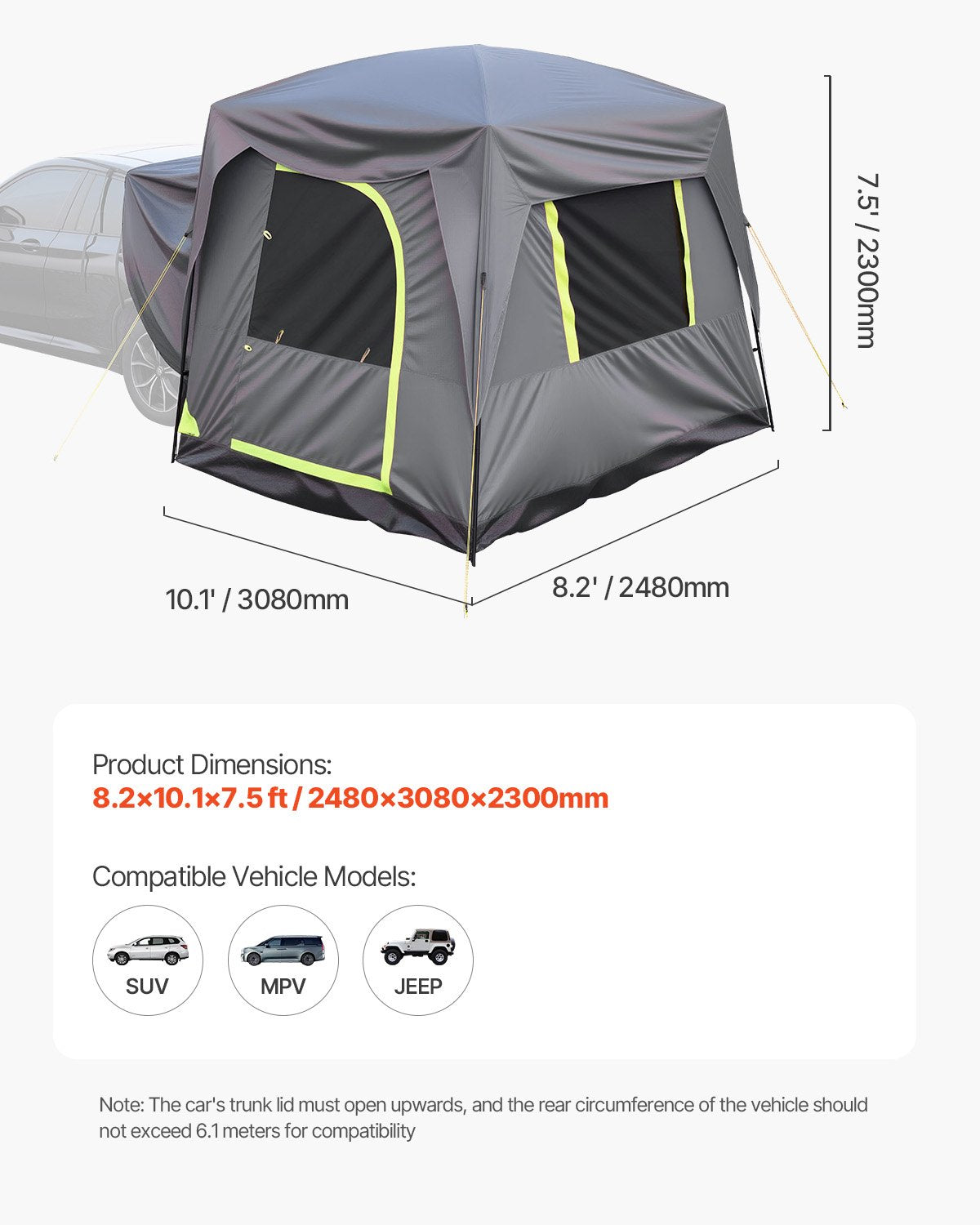 VEVOR SUV Tent for Camping, 10FT L x 8FT W, Waterproof PU2000mm Spacious Double Layer Design for 5-8 Person, SUV Camping Tent with Mesh Windows, Includes Rainfly & Storage Bag, for Outdoor Activities - CZZPCHK108FTS8UF8V0 - view 8