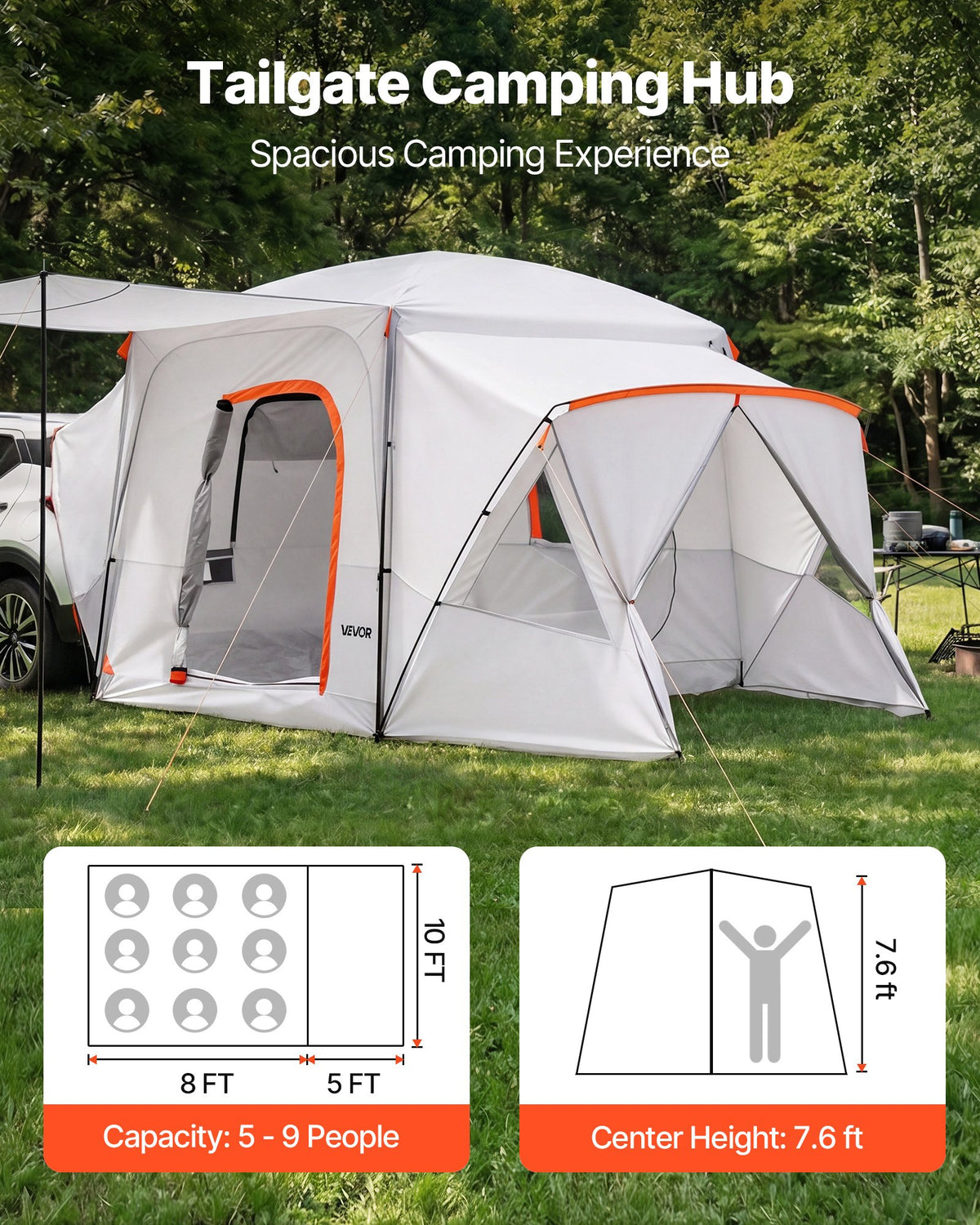 VEVOR SUV Camping Tent for 5-9 Person, 13 x 10 FT 3-Season SUV Tailgate Tent with Ventilated Windows, PU2000mm Waterproof Dual-Use Car Rear Hatch Tents for Outdoor Hiking Travels - CZZPCHK1310F0VE5E001V0 - view 3