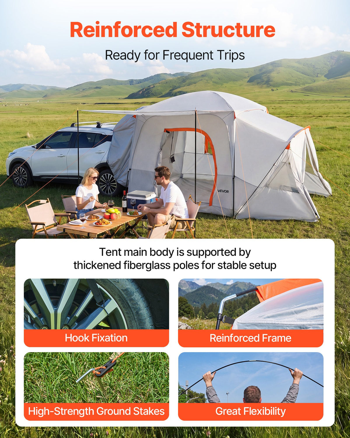 VEVOR SUV Camping Tent for 5-9 Person, 13 x 10 FT 3-Season SUV Tailgate Tent with Ventilated Windows, PU2000mm Waterproof Dual-Use Car Rear Hatch Tents for Outdoor Hiking Travels - CZZPCHK1310F0VE5E001V0 - view 4