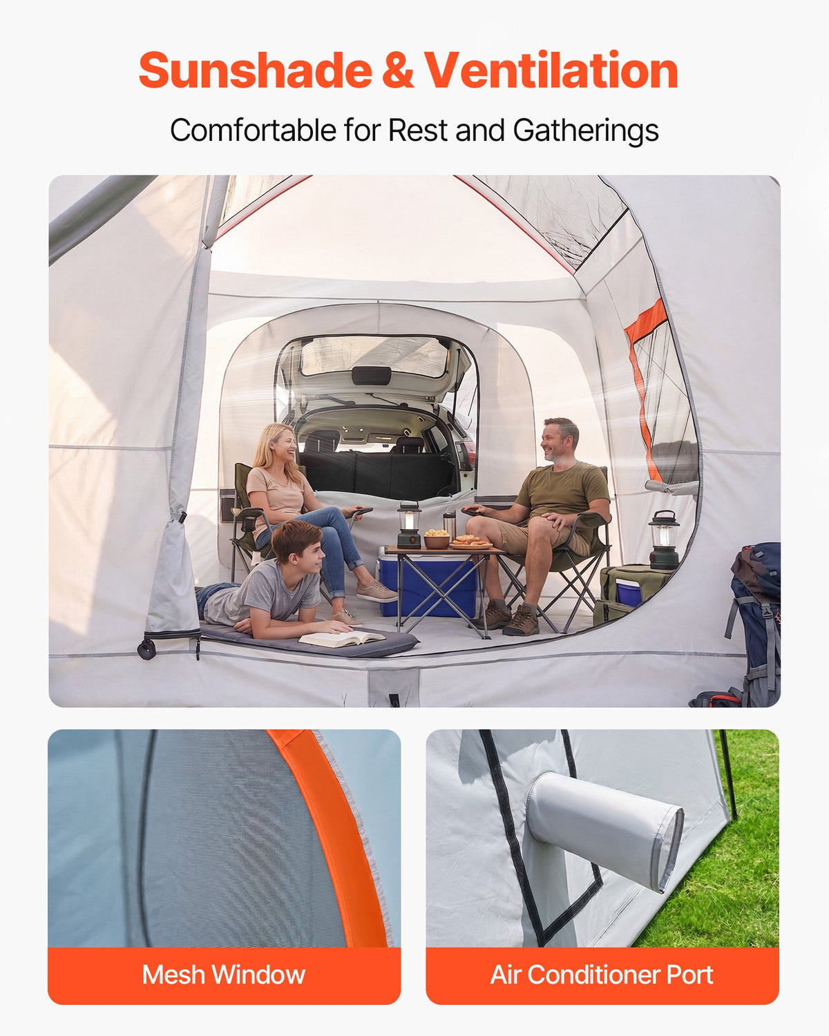 VEVOR SUV Camping Tent for 5-9 Person, 13 x 10 FT 3-Season SUV Tailgate Tent with Ventilated Windows, PU2000mm Waterproof Dual-Use Car Rear Hatch Tents for Outdoor Hiking Travels - CZZPCHK1310F0VE5E001V0 - view 7