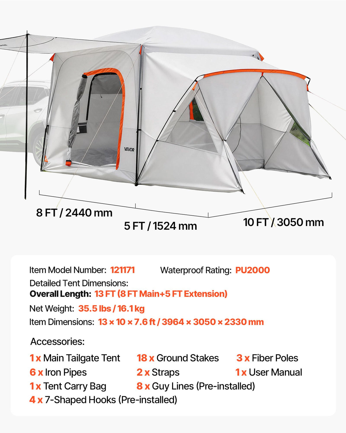 VEVOR SUV Camping Tent for 5-9 Person, 13 x 10 FT 3-Season SUV Tailgate Tent with Ventilated Windows, PU2000mm Waterproof Dual-Use Car Rear Hatch Tents for Outdoor Hiking Travels - CZZPCHK1310F0VE5E001V0 - view 8