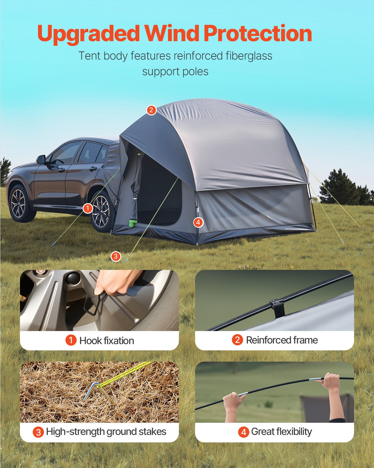 VEVOR SUV Tent for Camping, 8FT L x 8FT W, Waterproof PU2000mm Spacious Double Layer Design for 5-8 Person, SUV Camping Tent with Mesh Windows, Includes Rainfly & Storage Bag, for Outdoor Activities - CZZPCHK88FT03MD8MV0 - view 5