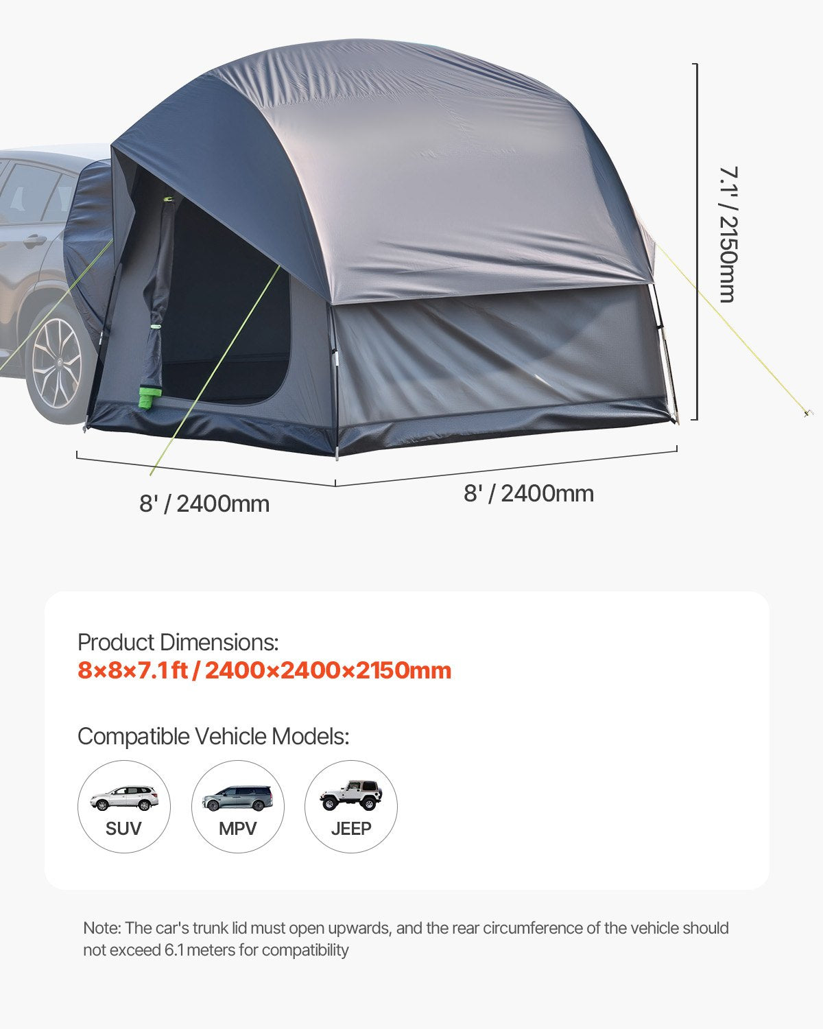 VEVOR SUV Tent for Camping, 8FT L x 8FT W, Waterproof PU2000mm Spacious Double Layer Design for 5-8 Person, SUV Camping Tent with Mesh Windows, Includes Rainfly & Storage Bag, for Outdoor Activities - CZZPCHK88FT03MD8MV0 - view 8