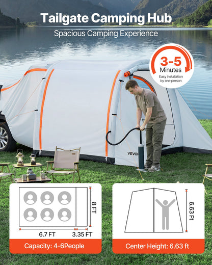 VEVOR Inflatable SUV Tent with Awning, 8 x 6.7 ft 3-Season SUV Tailgate Tent with Ventilated Doors & Mesh Window, PU2000mm Waterproof Car Rear Hatch Tents for Outdoor Camping - Air Pump Included - CZZPCQKCQK869G1GN001V0 - view 3