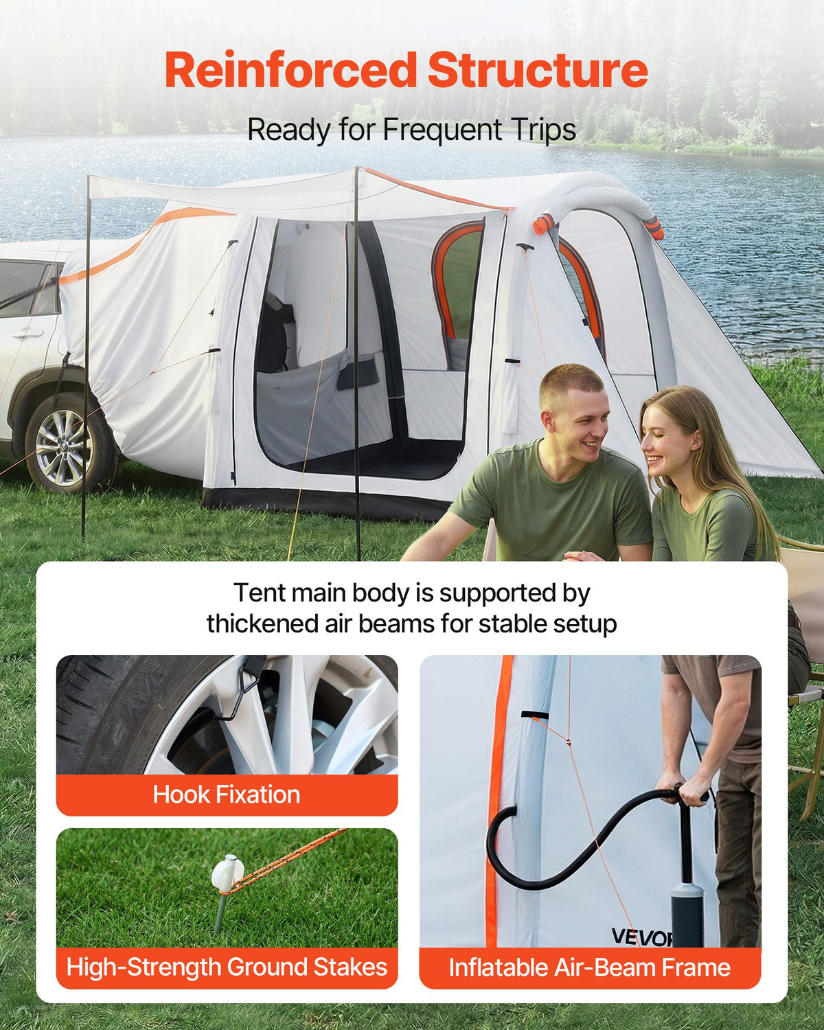 VEVOR Inflatable SUV Tent with Awning, 8 x 6.7 ft 3-Season SUV Tailgate Tent with Ventilated Doors & Mesh Window, PU2000mm Waterproof Car Rear Hatch Tents for Outdoor Camping - Air Pump Included - CZZPCQKCQK869G1GN001V0 - view 4