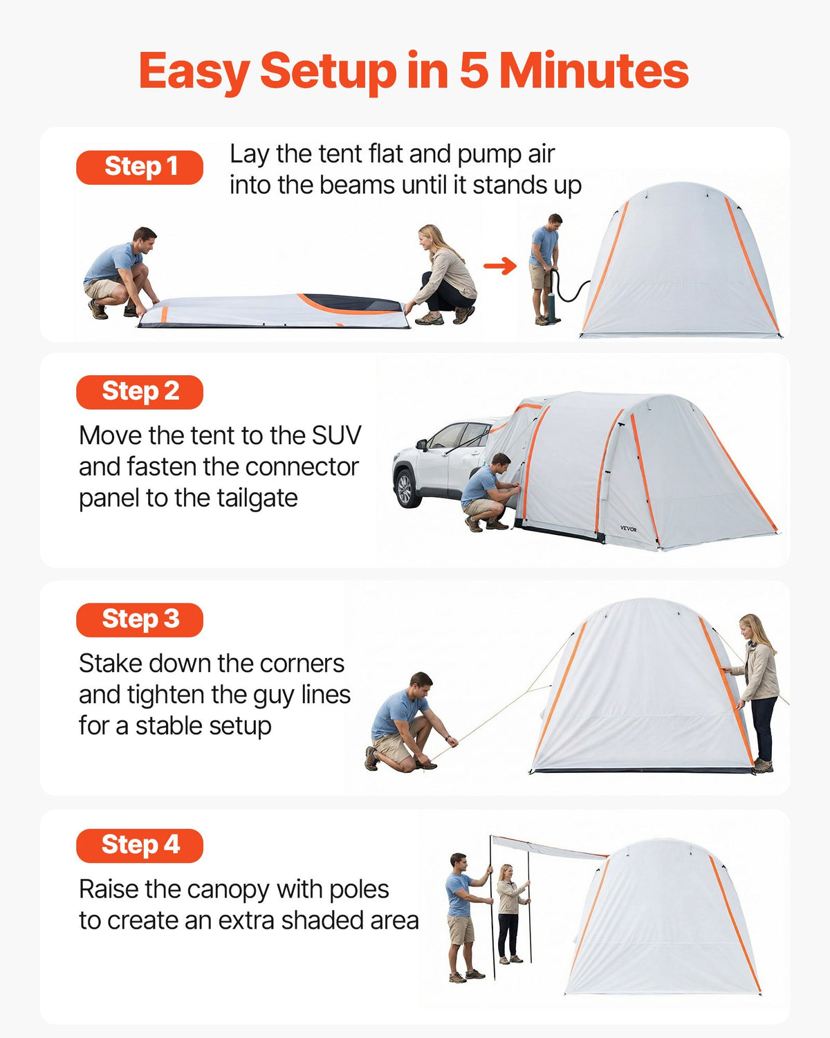 VEVOR Inflatable SUV Tent with Awning, 8 x 6.7 ft 3-Season SUV Tailgate Tent with Ventilated Doors & Mesh Window, PU2000mm Waterproof Car Rear Hatch Tents for Outdoor Camping - Air Pump Included - CZZPCQKCQK869G1GN001V0 - view 7