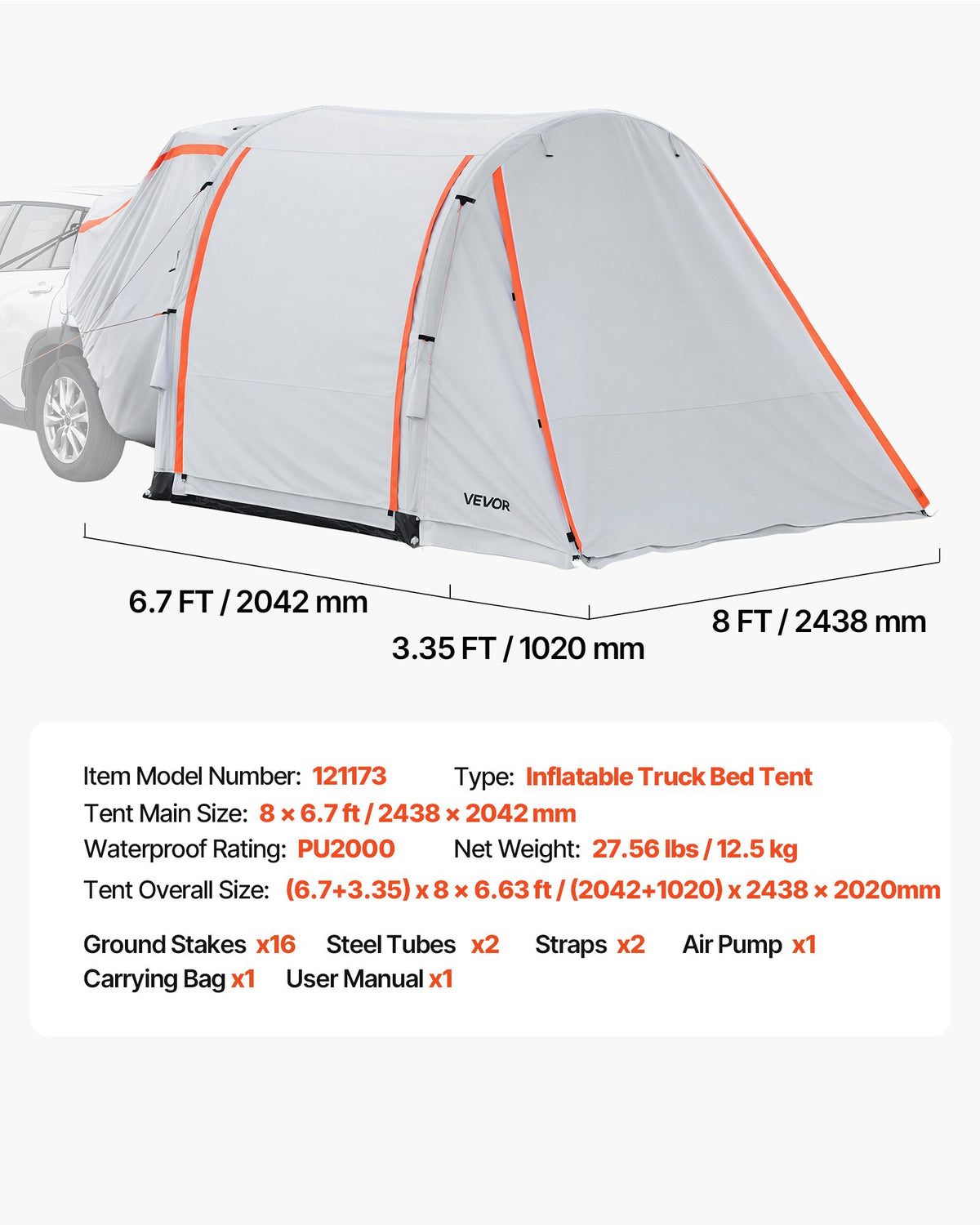 VEVOR Inflatable SUV Tent with Awning, 8 x 6.7 ft 3-Season SUV Tailgate Tent with Ventilated Doors & Mesh Window, PU2000mm Waterproof Car Rear Hatch Tents for Outdoor Camping - Air Pump Included - CZZPCQKCQK869G1GN001V0 - view 8
