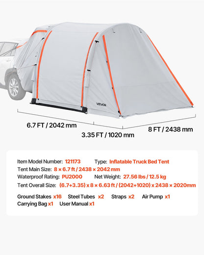 VEVOR Inflatable SUV Tent with Awning, 8 x 6.7 ft 3-Season SUV Tailgate Tent with Ventilated Doors & Mesh Window, PU2000mm Waterproof Car Rear Hatch Tents for Outdoor Camping - Air Pump Included - CZZPCQKCQK869G1GN001V0 - view 8