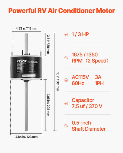 VEVOR 1/3HP RV Air Conditioner Motor with Capacitor, AC115V 3A, 1675 RPM, Replacement for Coleman Mach RV AC Fan Motor, Replaces Fasco D1092, 1468-306, 1468-3068, 1468-3069, 7184-0156, 7184-0432 - D1092XFCKDDJ53IQRV1 - view 5