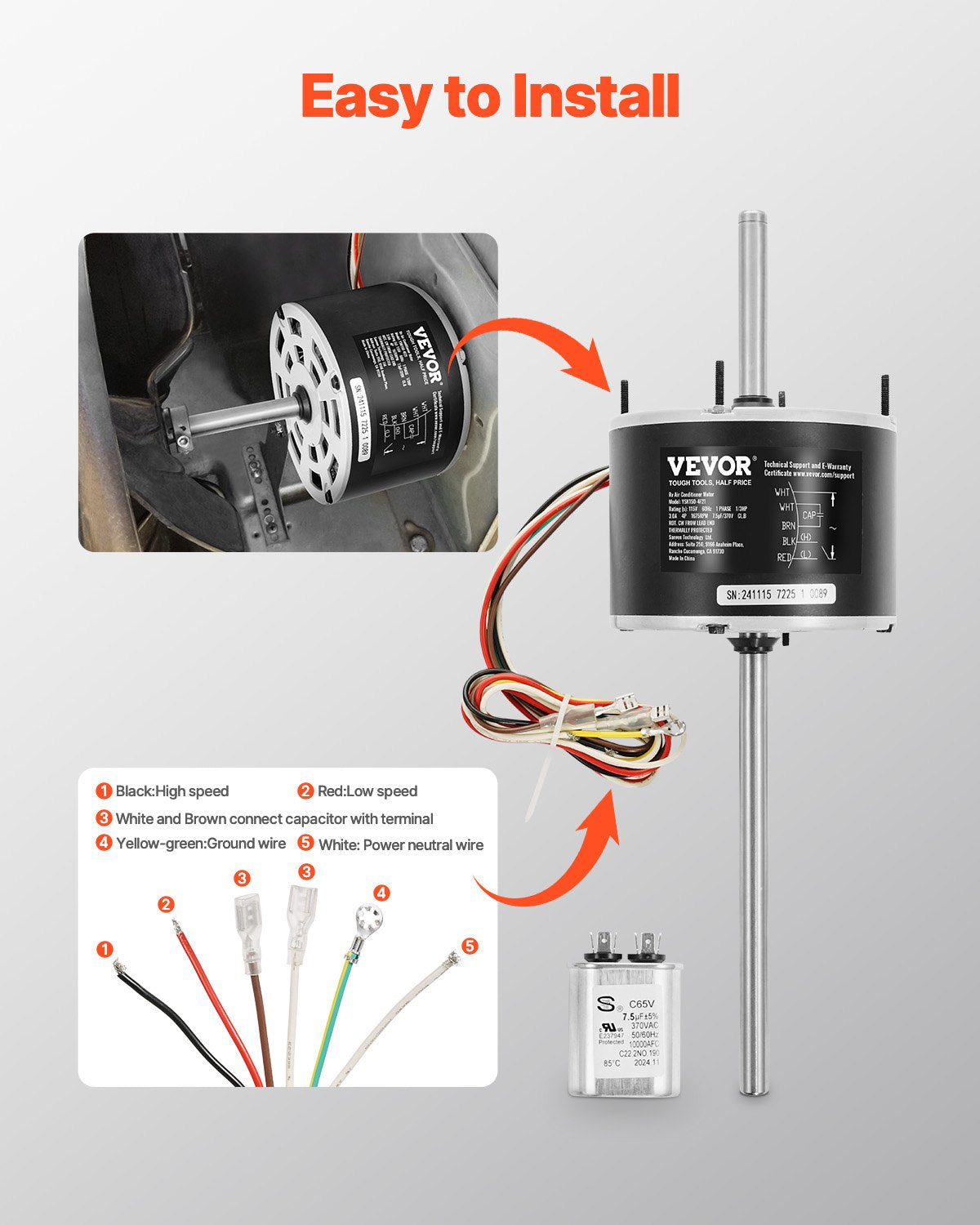 VEVOR 1/3HP RV Air Conditioner Motor with Capacitor, AC115V 3A, 1675 RPM, Replacement for Coleman Mach RV AC Fan Motor, Replaces Fasco D1092, 1468-306, 1468-3068, 1468-3069, 7184-0156, 7184-0432 - D1092XFCKDDJ53IQRV1 - view 7