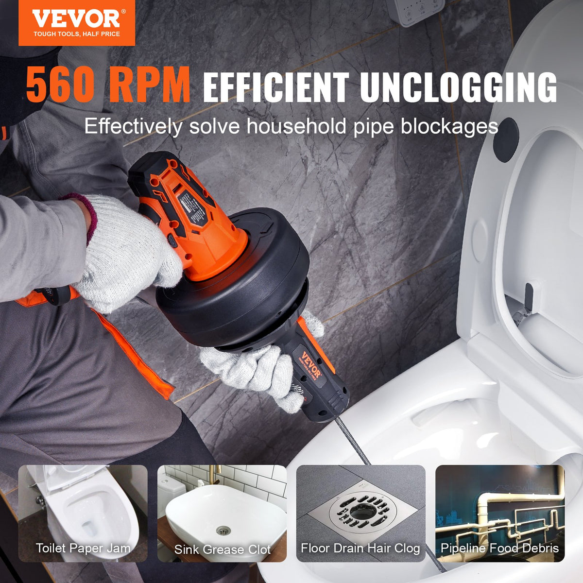 VEVOR 12V Electric Drain Auger, 25FT Cordless Plumbing Snake Auto Feed, Pipeline Snake Drain Clog Remover with Power Drill for 3/4"-2" Pipes, 2.0Ah Battery and Charger Included - D25FT14IN20AHOGLOV1 - view 2