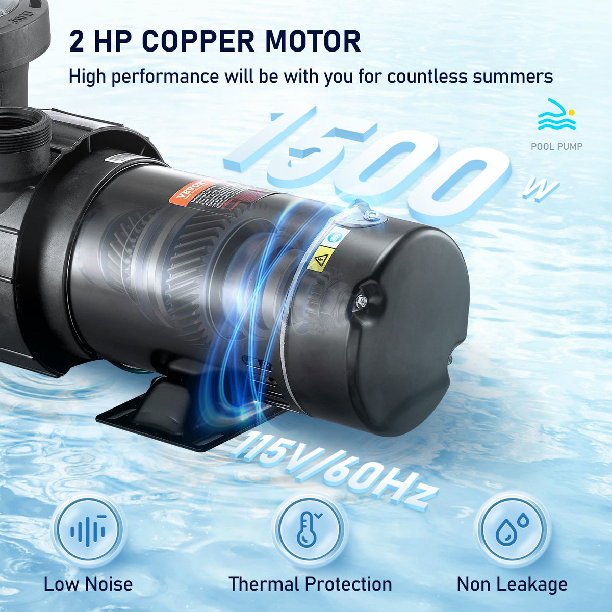 VEVOR Swimming Pool Pump 2.0HP 115V 1500W, Single Speed Pumps for Above Ground Pool, Powerful Pool Pumps with Strainer Basket, 5400 GPH Max. Flow, ETL Certification - D2HP90GPM110V1ZFMV1 - view 3