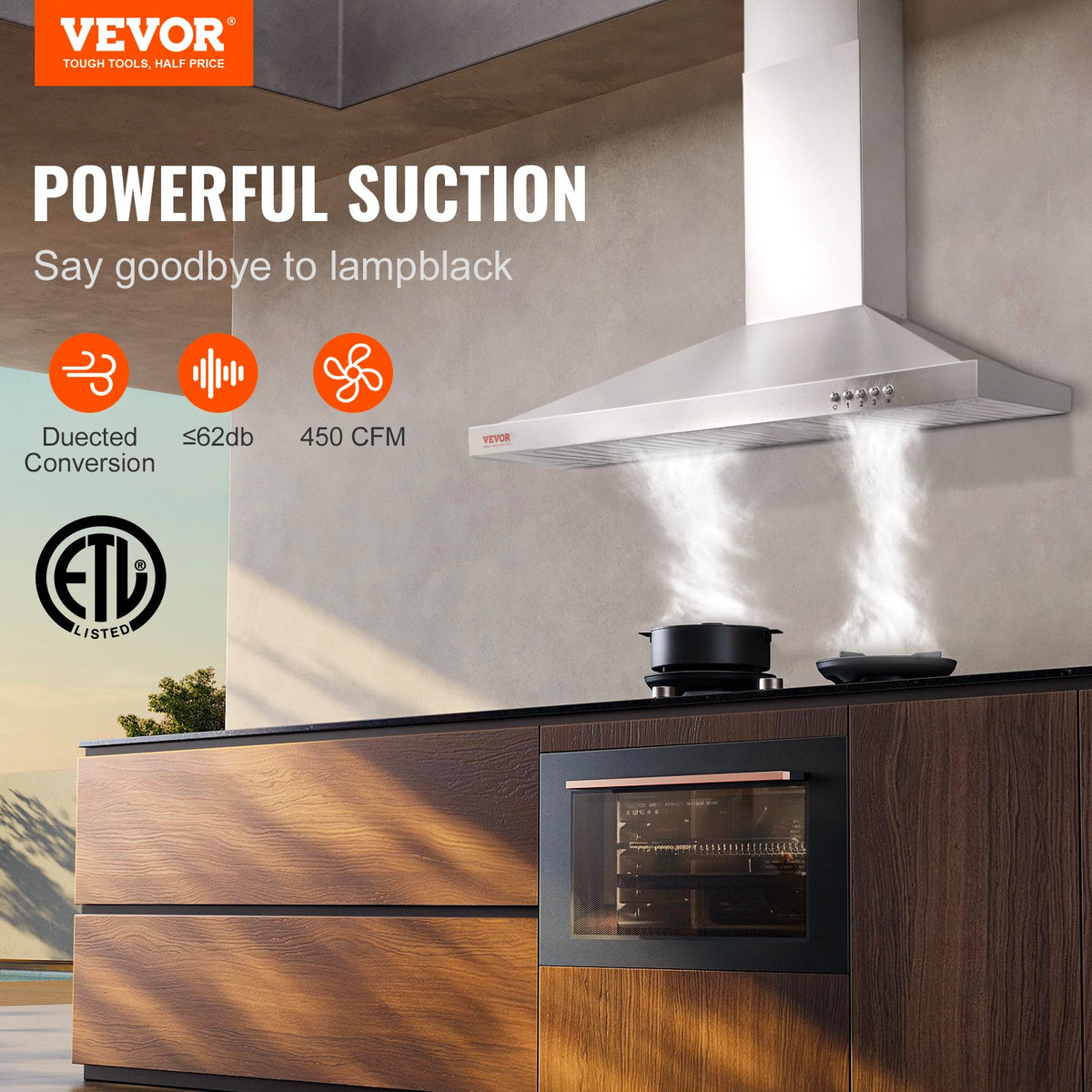 VEVOR Wall Mount Range Hood, Ductless Chimney-Style Kitchen Stove Vent, Stainless Steel Permanent Filter with 3-Speed Exhaust Fan, 2 Baffle Filters, LED Lights, Push Button, Silver (30 inch) - D30INCH200CFMR2IMV1 - view 2