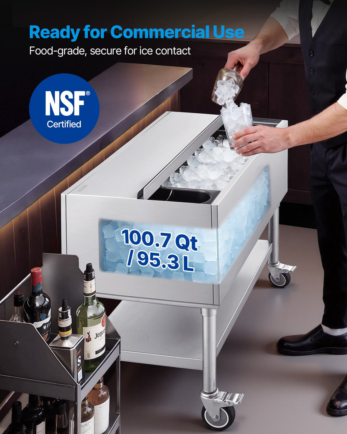 VEVOR Commercial Ice Bin, 100.7 Qt Max Capacity, 36 x 19 x 35 Inch Stainless Steel Ice Chest with Sliding Lid and Bottle Holders, Cooler Cart Cocktail Unit for Bar Restaurant Pub, NSF Certified - DBCBX1936INCM2LDN002V0 - view 3