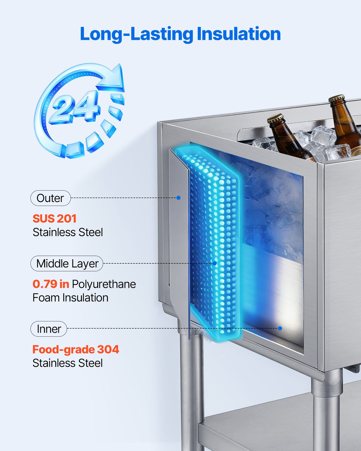 VEVOR Commercial Ice Bin, 100.7 Qt Max Capacity, 36 x 19 x 35 Inch Stainless Steel Ice Chest with Sliding Lid and Bottle Holders, Cooler Cart Cocktail Unit for Bar Restaurant Pub, NSF Certified - DBCBX1936INCM2LDN002V0 - view 4