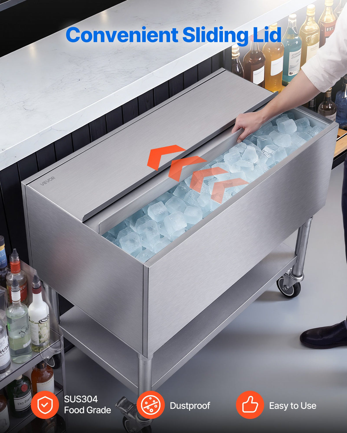 VEVOR Commercial Ice Bin, 100.7 Qt Max Capacity, 36 x 19 x 35 Inch Stainless Steel Ice Chest with Sliding Lid and Bottle Holders, Cooler Cart Cocktail Unit for Bar Restaurant Pub, NSF Certified - DBCBX1936INCM2LDN002V0 - view 7