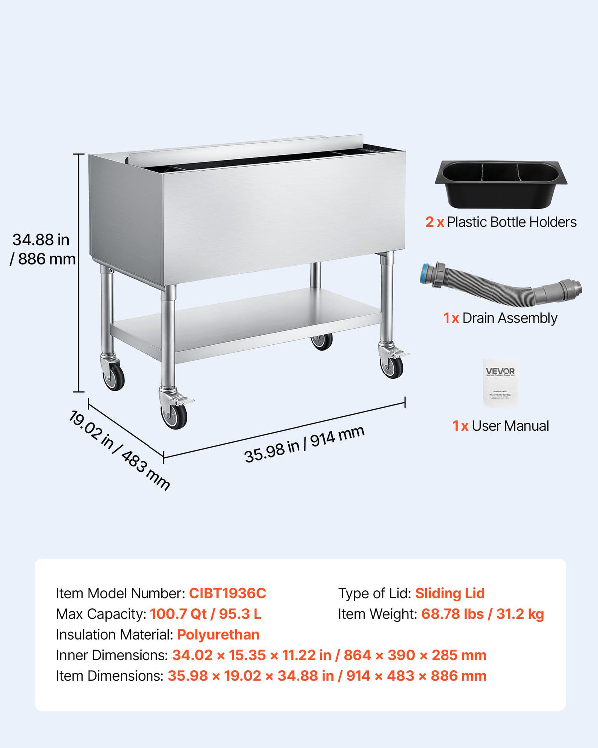VEVOR Commercial Ice Bin, 100.7 Qt Max Capacity, 36 x 19 x 35 Inch Stainless Steel Ice Chest with Sliding Lid and Bottle Holders, Cooler Cart Cocktail Unit for Bar Restaurant Pub, NSF Certified - DBCBX1936INCM2LDN002V0 - view 8