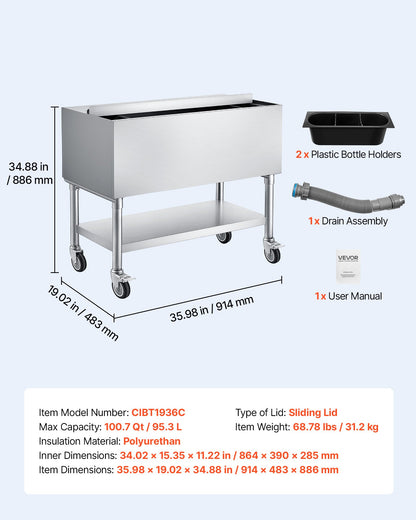 VEVOR Commercial Ice Bin, 100.7 Qt Max Capacity, 36 x 19 x 35 Inch Stainless Steel Ice Chest with Sliding Lid and Bottle Holders, Cooler Cart Cocktail Unit for Bar Restaurant Pub, NSF Certified - DBCBX1936INCM2LDN002V0 - view 8