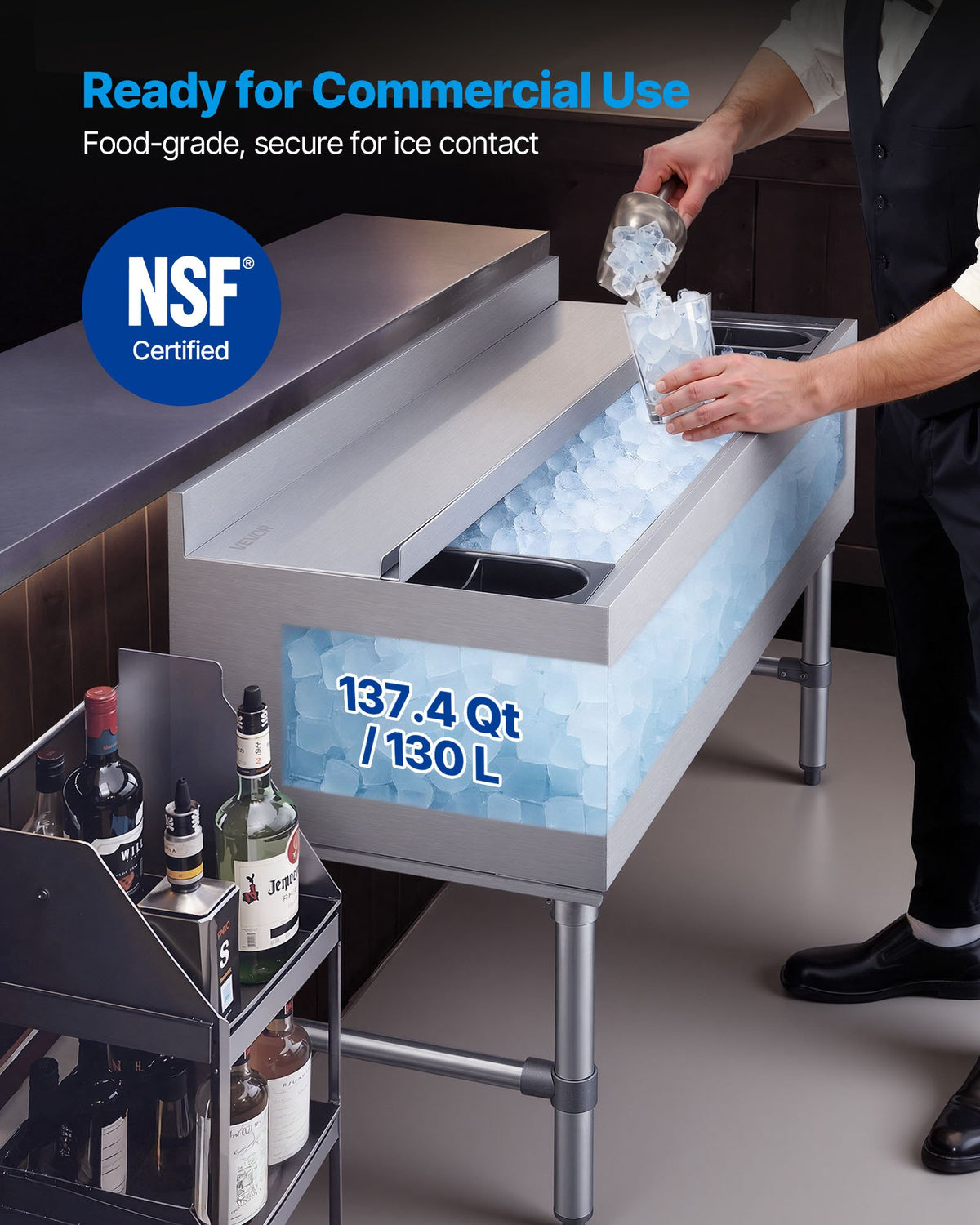 VEVOR Commercial Ice Bin, 137.4 Qt Max Capacity, 48 x 19 x 33 Inch Stainless Steel Ice Chest with Sliding Lid and Bottle Holders, Cooler Cart Cocktail Unit for Bar Restaurant Pub, NSF Certified - DBCBX33INCH18AC87001V0 - view 3