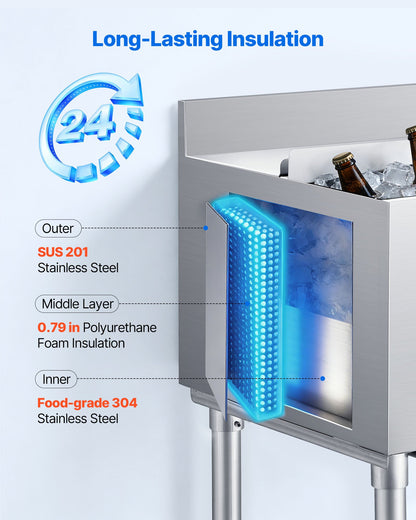 VEVOR Commercial Ice Bin, 137.4 Qt Max Capacity, 48 x 19 x 33 Inch Stainless Steel Ice Chest with Sliding Lid and Bottle Holders, Cooler Cart Cocktail Unit for Bar Restaurant Pub, NSF Certified - DBCBX33INCH18AC87001V0 - view 4
