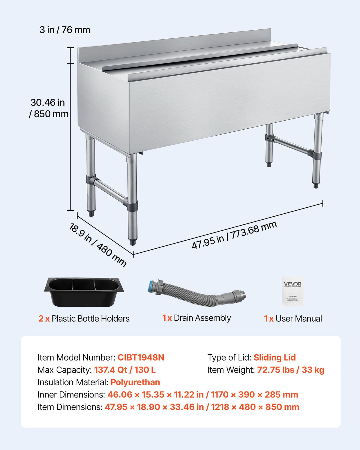VEVOR Commercial Ice Bin, 137.4 Qt Max Capacity, 48 x 19 x 33 Inch Stainless Steel Ice Chest with Sliding Lid and Bottle Holders, Cooler Cart Cocktail Unit for Bar Restaurant Pub, NSF Certified - DBCBX33INCH18AC87001V0 - view 8
