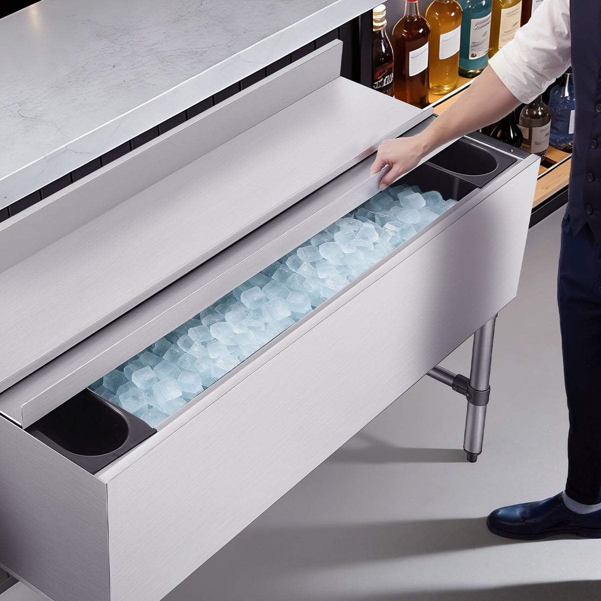 VEVOR Commercial Ice Bin, 137.4 Qt Max Capacity, 48 x 19 x 33 Inch Stainless Steel Ice Chest with Sliding Lid and Bottle Holders, Cooler Cart Cocktail Unit for Bar Restaurant Pub, NSF Certified - DBCBX33INCH18AC87001V0 - view 9