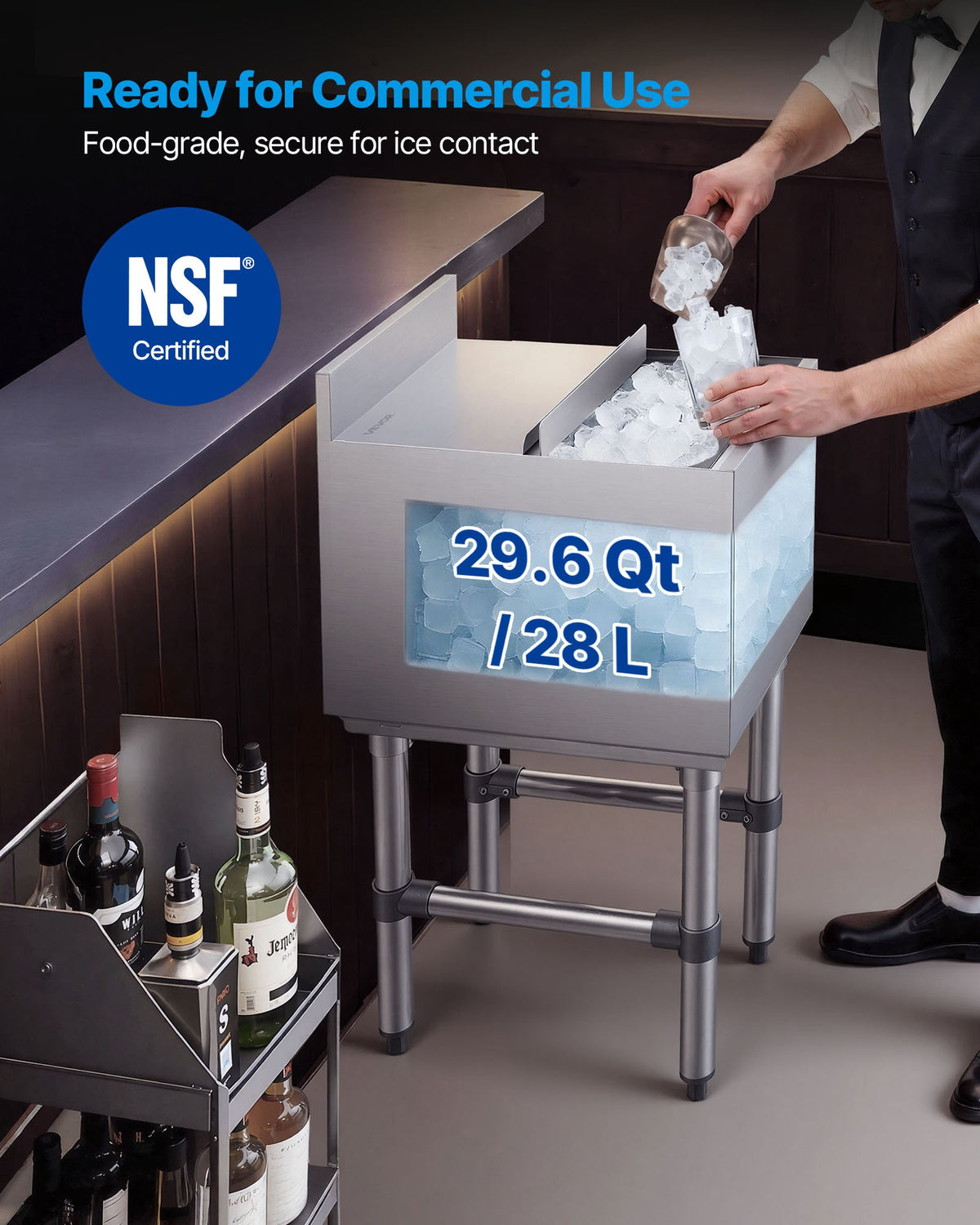 VEVOR Commercial Ice Bin, 29.6 Qt Max Capacity, 12 x 19 x 33 Inch Stainless Steel Ice Chest with Sliding Lid and Bottle Holders, Cooler Cart Cocktail Unit for Bar Restaurant Pub, NSF Certified - DBCBX33INCH1DB2WQ001V0 - view 3