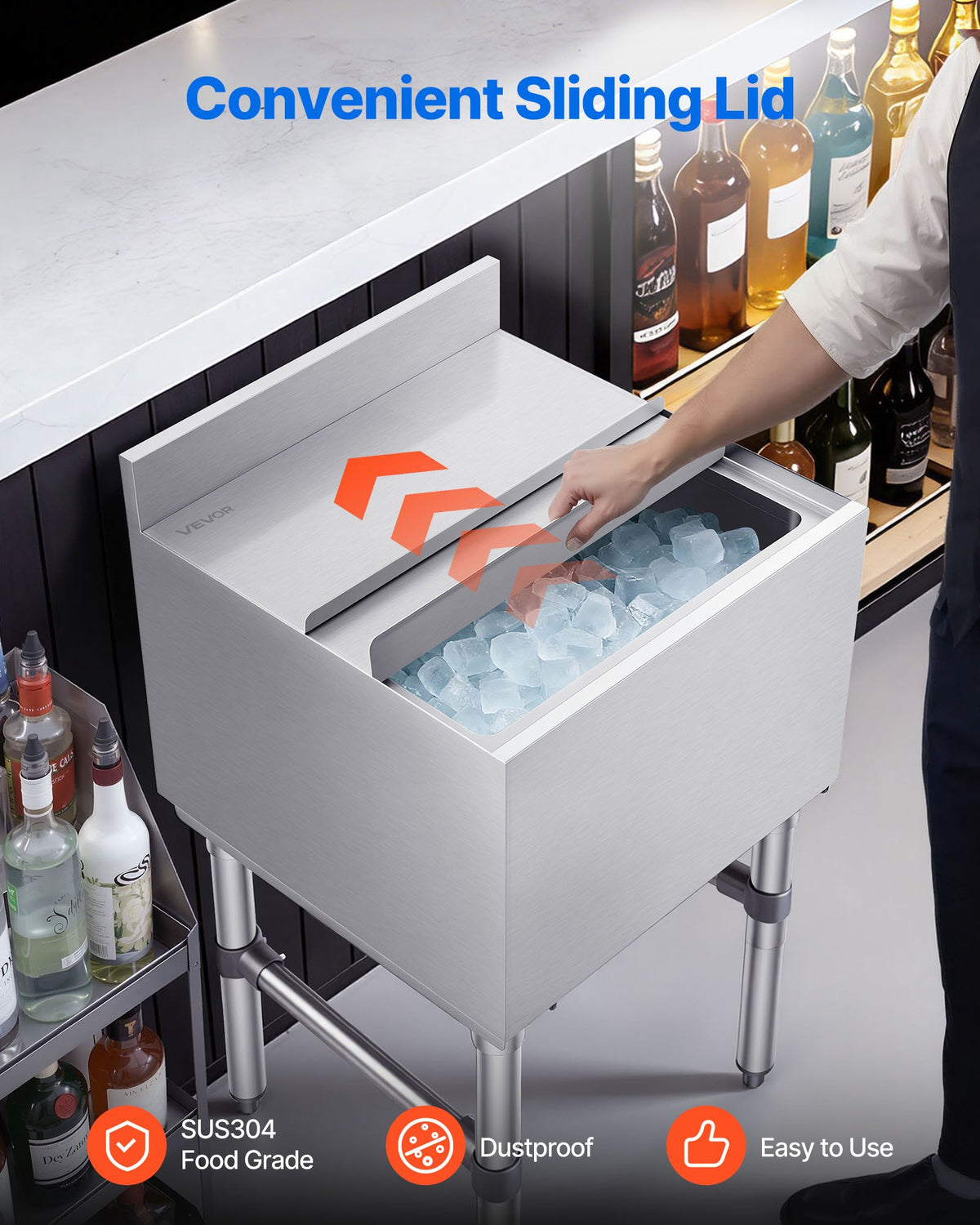 VEVOR Commercial Ice Bin, 49.4 Qt Max Capacity, 18 x 18 x 33 Inch Stainless Steel Ice Chest with Sliding Lid and Bottle Holders, Cooler Cart Cocktail Unit for Bar Restaurant Pub, NSF Certified - DBCBX33INCH1DEWH7001V0 - view 7