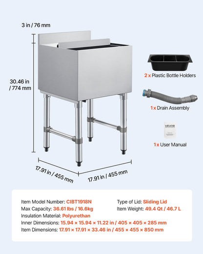 VEVOR Commercial Ice Bin, 49.4 Qt Max Capacity, 18 x 18 x 33 Inch Stainless Steel Ice Chest with Sliding Lid and Bottle Holders, Cooler Cart Cocktail Unit for Bar Restaurant Pub, NSF Certified - DBCBX33INCH1DEWH7001V0 - view 8