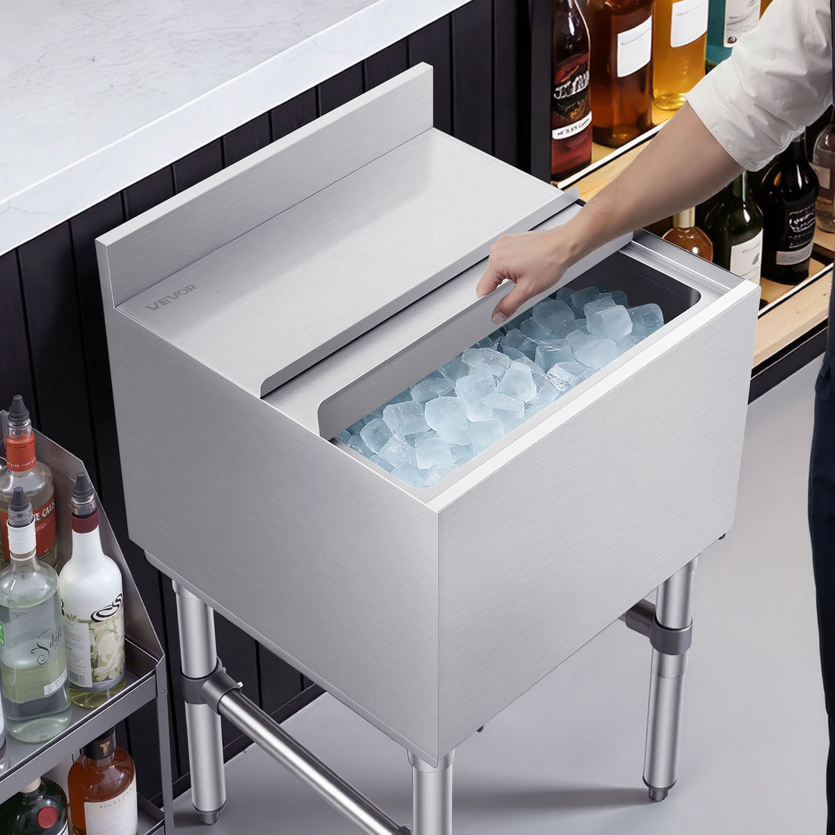 VEVOR Commercial Ice Bin, 49.4 Qt Max Capacity, 18 x 18 x 33 Inch Stainless Steel Ice Chest with Sliding Lid and Bottle Holders, Cooler Cart Cocktail Unit for Bar Restaurant Pub, NSF Certified - DBCBX33INCH1DEWH7001V0 - view 9
