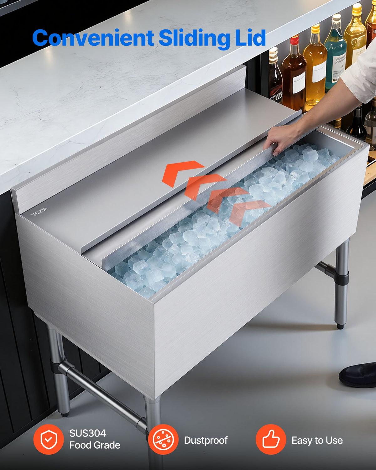 VEVOR Commercial Ice Bin, 100.7 Qt Max Capacity, 36 x 19 x 33 Inch Stainless Steel Ice Chest with Sliding Lid and Bottle Holders, Cooler Cart Cocktail Unit for Bar Restaurant Pub, NSF Certified - DBCBX33INCH1QHGUY001V0 - view 7