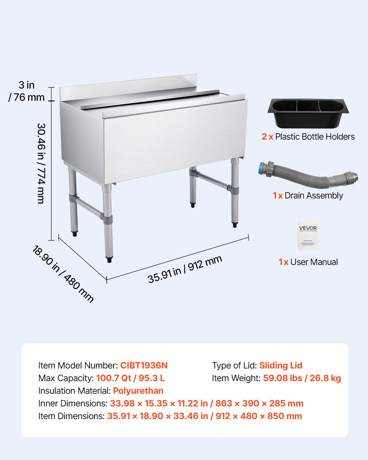 VEVOR Commercial Ice Bin, 100.7 Qt Max Capacity, 36 x 19 x 33 Inch Stainless Steel Ice Chest with Sliding Lid and Bottle Holders, Cooler Cart Cocktail Unit for Bar Restaurant Pub, NSF Certified - DBCBX33INCH1QHGUY001V0 - view 8