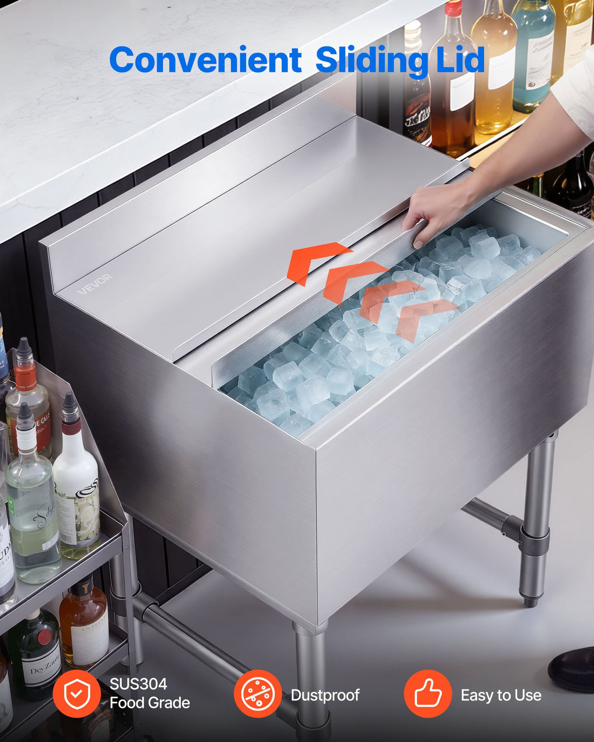 VEVOR Commercial Ice Bin, 65.1 Qt Max Capacity, 24 x 19 x 33 Inch Stainless Steel Ice Chest with Sliding Lid and Bottle Holders, Cooler Cart Cocktail Unit for Bar Restaurant Pub, NSF Certified - DBCBX33INCH1YMGSB001V0 - view 7