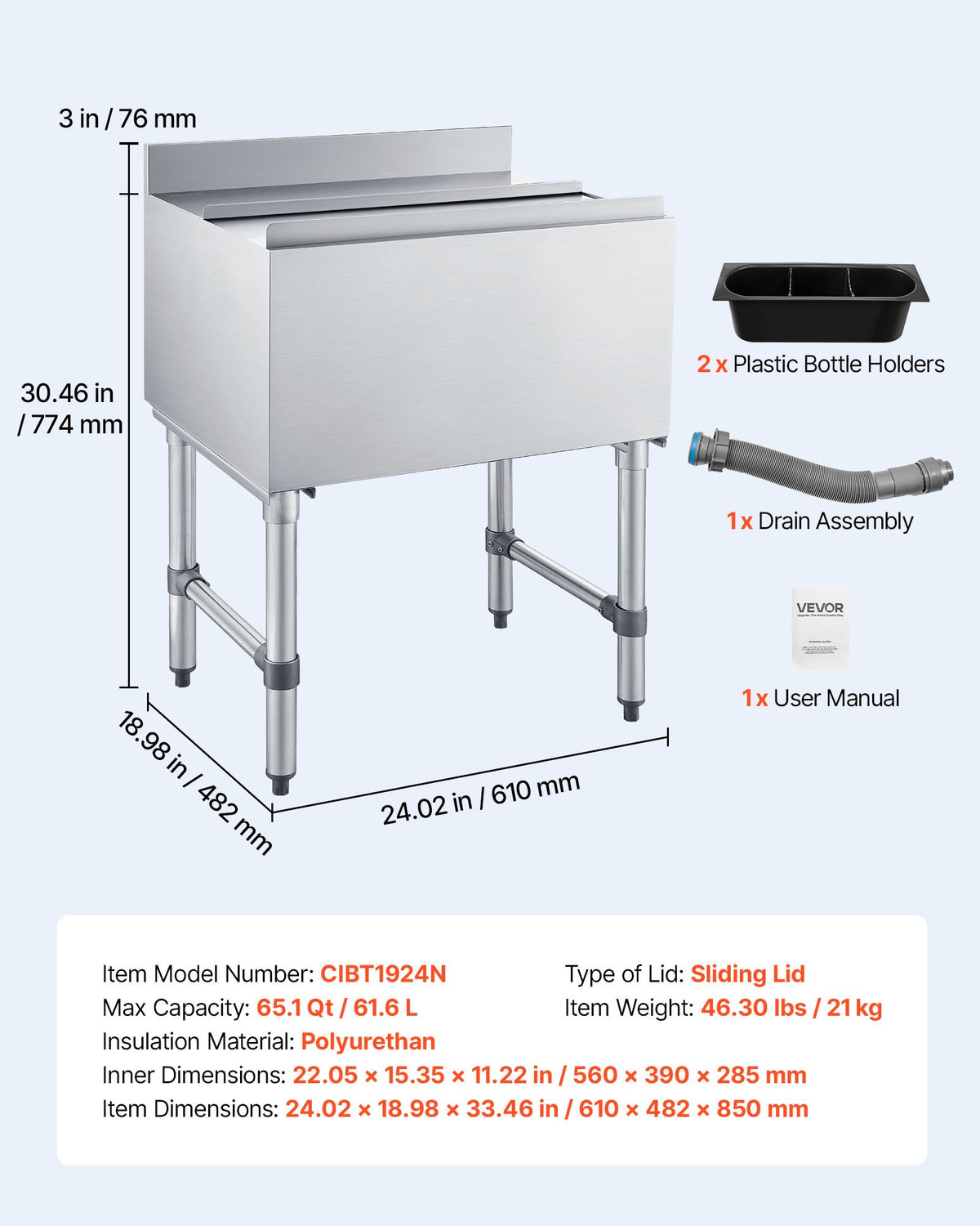 VEVOR Commercial Ice Bin, 65.1 Qt Max Capacity, 24 x 19 x 33 Inch Stainless Steel Ice Chest with Sliding Lid and Bottle Holders, Cooler Cart Cocktail Unit for Bar Restaurant Pub, NSF Certified - DBCBX33INCH1YMGSB001V0 - view 8