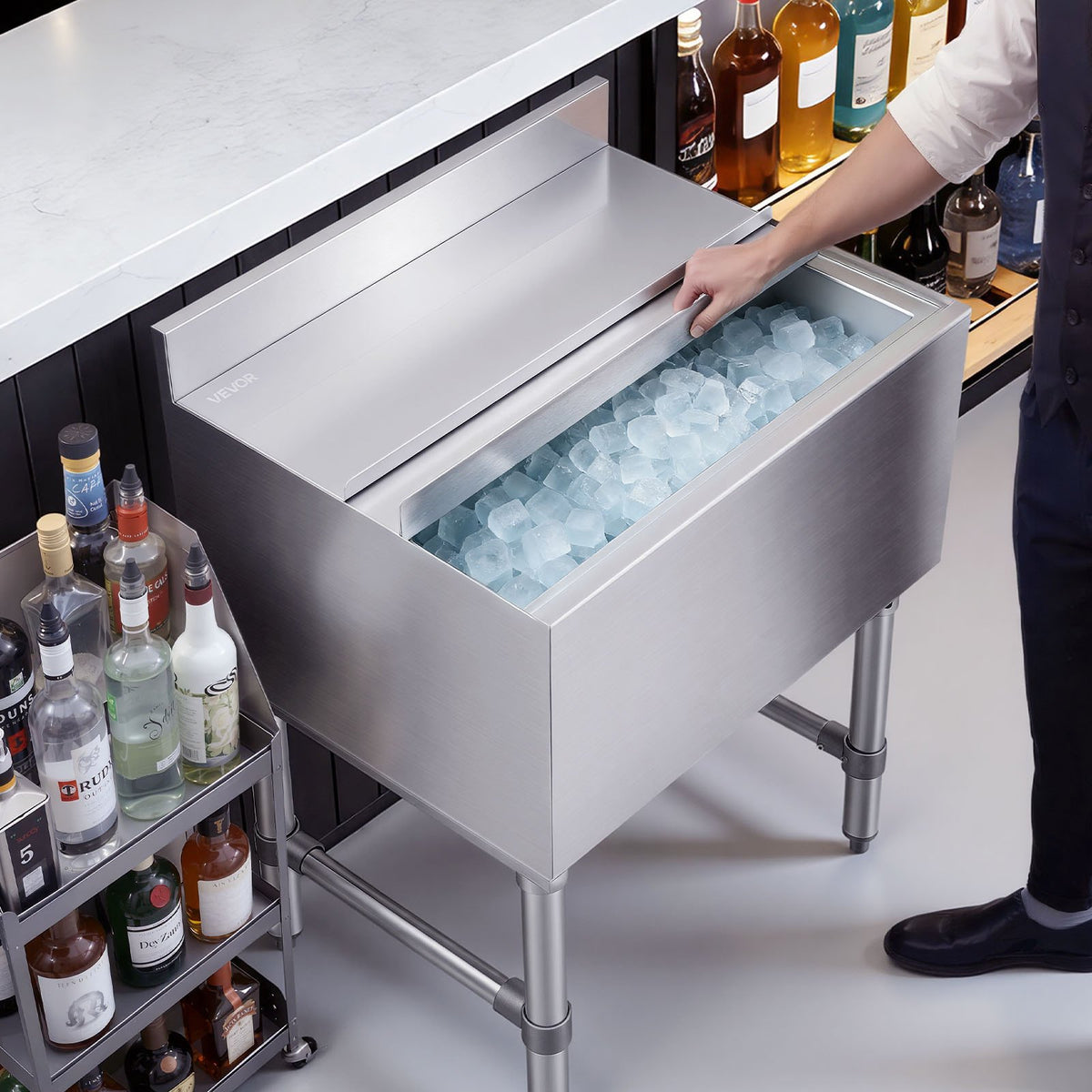 VEVOR Commercial Ice Bin, 65.1 Qt Max Capacity, 24 x 19 x 33 Inch Stainless Steel Ice Chest with Sliding Lid and Bottle Holders, Cooler Cart Cocktail Unit for Bar Restaurant Pub, NSF Certified - DBCBX33INCH1YMGSB001V0 - view 9