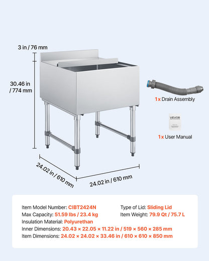 VEVOR Commercial Ice Bin, 79.9 Qt Max Capacity, 24 x 24 x 33 Inch Stainless Steel Ice Chest with Sliding Lid, 24H Long-Lasting Insulation, Cooler Cart Cocktail Unit for Bar Restaurant Pub, NSF - DBCBX33INCH24QC00001V0 - view 8