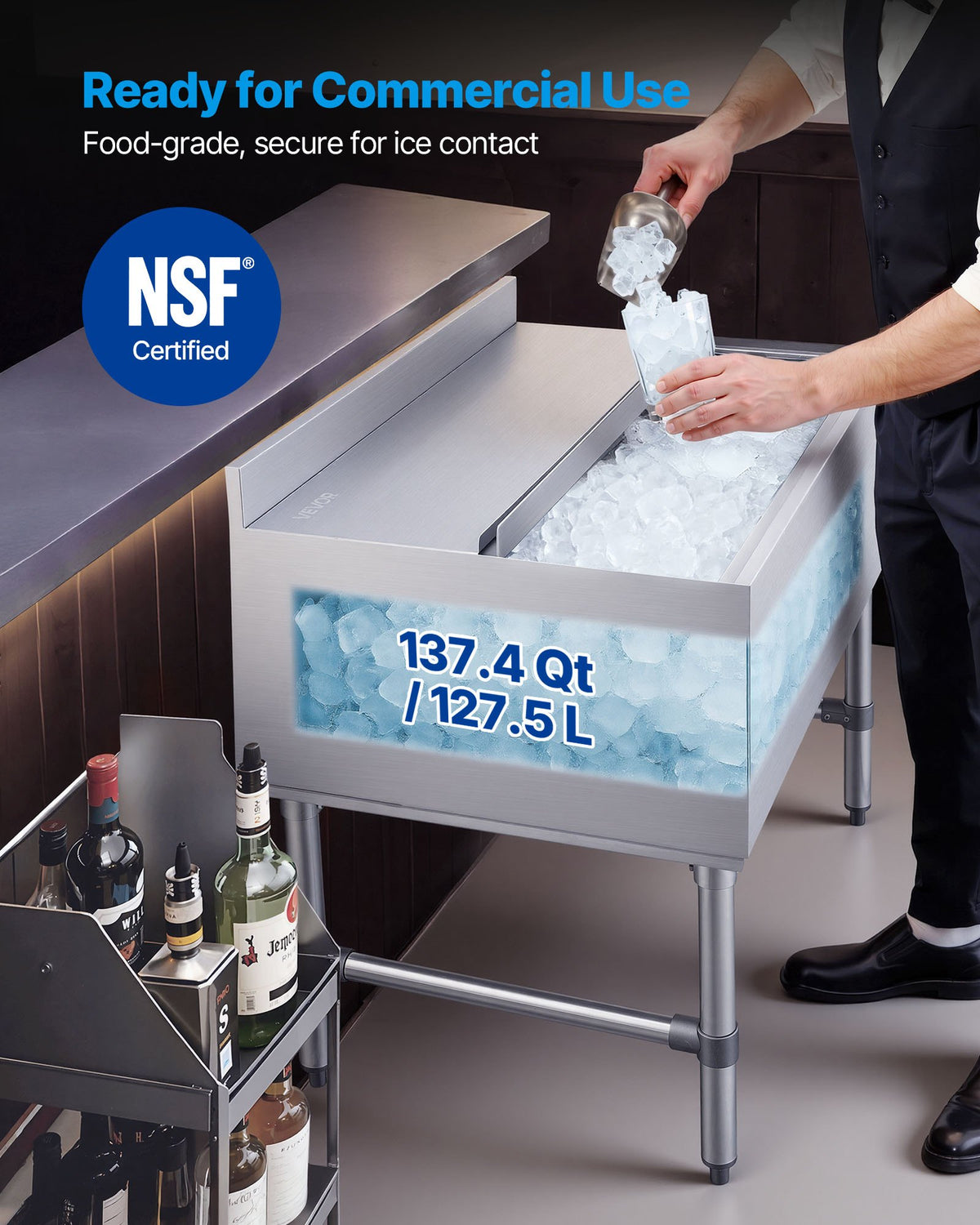 VEVOR Commercial Ice Bin, 134.7 Qt Max Capacity, 36 x 24 x 33 Inch Stainless Steel Ice Chest with Sliding Lid, 24H Long-Lasting Insulation, Cooler Cart Cocktail Unit for Bar Restaurant Pub, NSF - DBCBX33INCH2O44YM001V0 - view 3