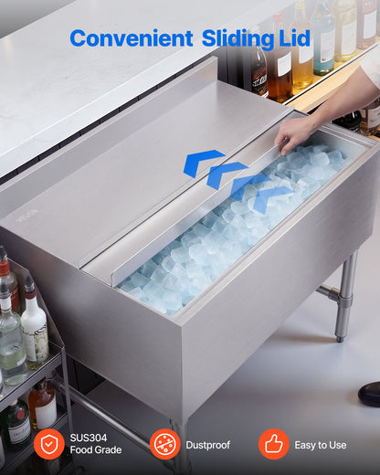 VEVOR Commercial Ice Bin, 134.7 Qt Max Capacity, 36 x 24 x 33 Inch Stainless Steel Ice Chest with Sliding Lid, 24H Long-Lasting Insulation, Cooler Cart Cocktail Unit for Bar Restaurant Pub, NSF - DBCBX33INCH2O44YM001V0 - view 7