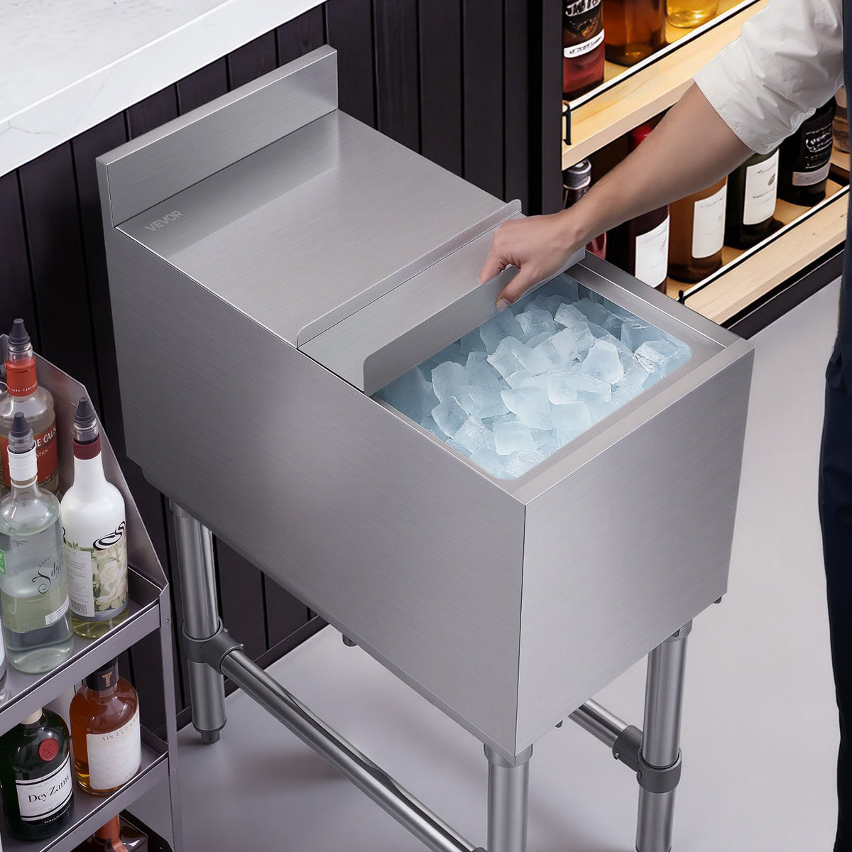 VEVOR Commercial Ice Bin, 39.6 Qt Max Capacity, 12 x 24 x 33 Inch Stainless Steel Ice Chest with Sliding Lid, 24H Long-Lasting Insulation, Cooler Cart Cocktail Unit for Bar Restaurant Pub, NSF - DBCBX33INCH2UQKVX001V0 - view 9