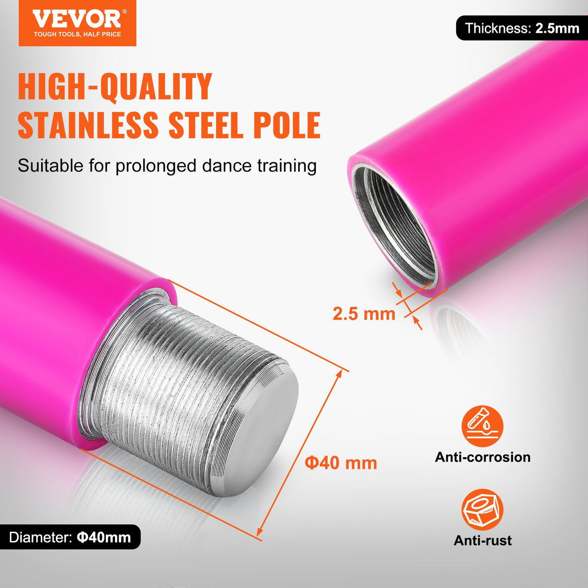VEVOR Professional Dancing Pole, Spinning Static Dancing Pole Kit, Portable Removable Pole, 40mm Heavy-Duty Stainless Steel Pole, Height Adjustable Fitness Pole, for Exercise Home Club Gym, Pink - DBDJZXFS8810WWLHZV0 - view 3