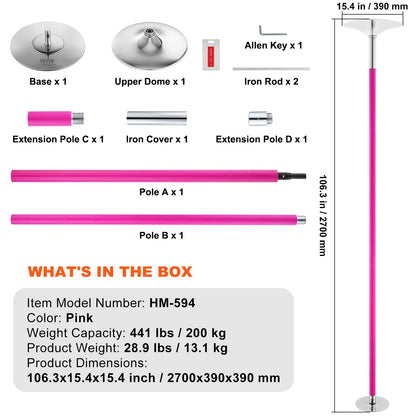 VEVOR Professional Dancing Pole, Spinning Static Dancing Pole Kit, Portable Removable Pole, 40mm Heavy-Duty Stainless Steel Pole, Height Adjustable Fitness Pole, for Exercise Home Club Gym, Pink - DBDJZXFS8810WWLHZV0 - view 8