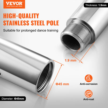 VEVOR Professional Dancing Pole, Spinning Static Dancing Pole Kit, Portable Removable Pole, 45mm Heavy-Duty Stainless Steel Pole, Height Adjustable Fitness Pole, for Exercise Home Club Gym, Silver - DBDJZXYS8810VZHHKV0 - view 3